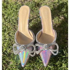 MACH & MACH Pink Iridescent Crystal Embellished Bow Mules Size EU 38
